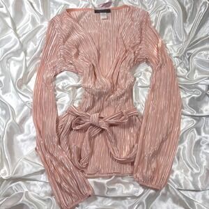 y2k Blouse Pink Excellent Pleated Surplice Tie Waist Metallic Long Sleeve Top